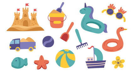 Set of children sandbox toys isolated on white background. Vector flat cliparts. Summer, travel, vacation, family, recreation concept.
