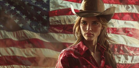 Beautiful cowgirl stands in front of an American flag