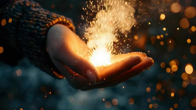 Hands pouring glowing particles into cauldron. Mystical alchemy or potion brewing concept.