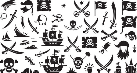 Pirate Silhouette Set with Ship Skull Sword Art Design, Perfect for Adventure Treasure Decor and Nautical Plunder Illustration