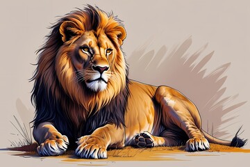 The lion is sit on the ground.Digital art.