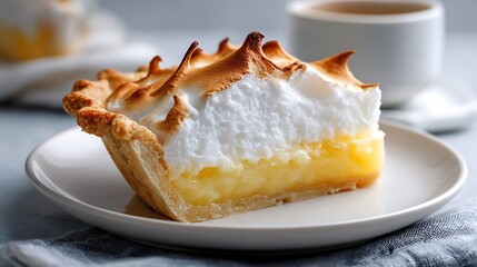 Slice of Lemon Meringue Pie with Golden Brown Topping on a White Plate