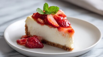 Slice of New York-Style Cheesecake Topped with Fresh Strawberries and Mint