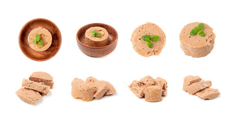 Pet Food, Wet Food for Cats, Dog Canned Pate, Soft Pet Food on White
