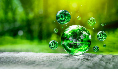 Green glass ball with chemical molecular word of photosynthesis oxygen gas production process....