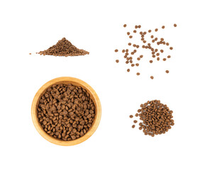 Dry pet food, dog kibble pile, puppy pellets, small canine protein croquette meal, animal food