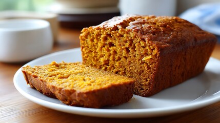 Sliced Pumpkin Bread on a White Plate with a Cup of Coffee
