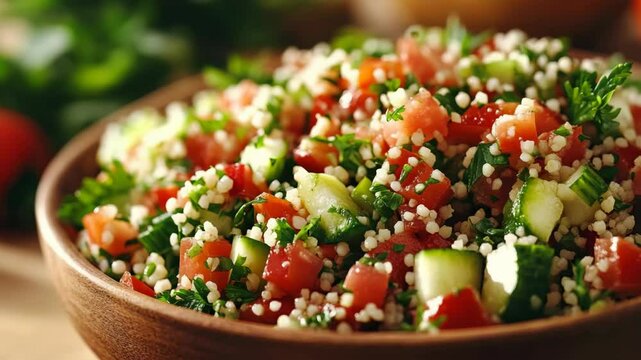 Colorful and nutritious Mediterranean salad with wheat berries, tomatoes, cucumbers, garlic and herbs.