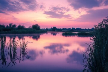 Fototapeta premium Serene Sunset Reflection on Calm Lake Peaceful Nature Photography