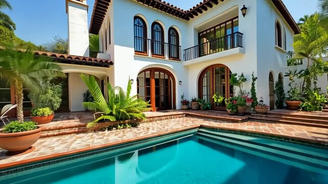 A beautiful Mediterranean-style house with a swimming pool. The exterior features white walls, terracotta roof tiles, and lush greenery around the pool area. Generative 4k video.