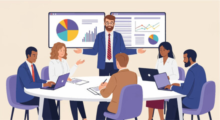 Business Team Meeting with Data Presentation – Flat Vector Illustration of Strategic Planning