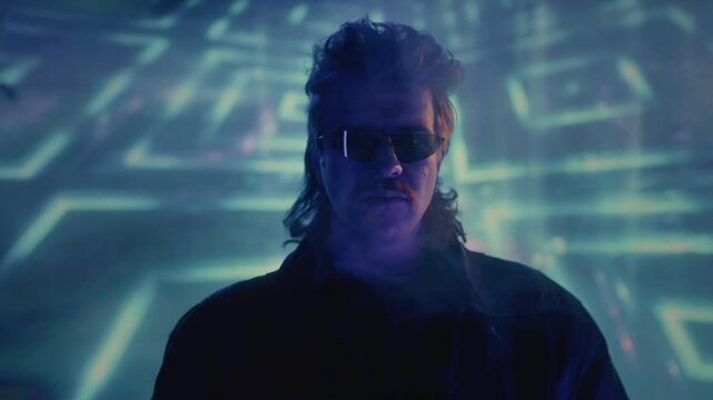 Portrait: Handsome male in retro style, vaporwave actor vintage TV series. Face of a cool man from the 1990 1980 wearing sunglasses, retrowave hair style and mustache. Nostalgia