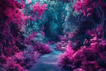 Enchanted Forest Path Surreal Pink and Teal Tropical Jungle Scene