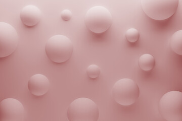 Pure soft pink levitating matt spheres as geometric abstract background. 3D rendering.Gentle floating bubbles in soft light.Sweet elegant simple bubble pattern in organic, futuristic, calm style.
