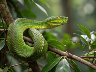 Green Viper Snake Coiled on Branch with Yellow Eyes Staring