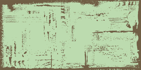 Banner scratched metal. Background frame in the form of an old iron sheet with rust and bolts. Green aged grainy messy template. Distress urban texture. Vector grunge wallpaper