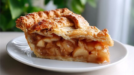 A slice of golden-brown apple pie with flaky crust on a white plate