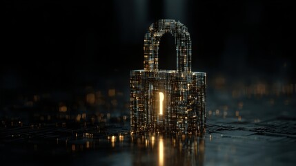 Abstract representation of a secure vault, glowing digital lock, dark background, security.