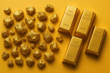 Gold bars and a pile of gold nuggets on a wooden table, gleaming under a bright light, symbolizing wealth and luxury.