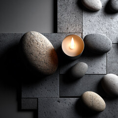  Decorative stone and candle on matte tile background