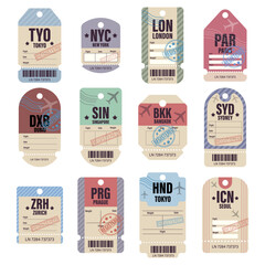 A set of colorful vintage-style luggage tags featuring international airport city codes and travel stamps. Travel luggage tag design. Vintage airport code label. Retro travel sticker set. Airport city