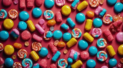 Fototapeta premium Vibrant 4K candy wallpaper showcasing a delightful assortment of pink, blue, yellow, and orange sweets. 