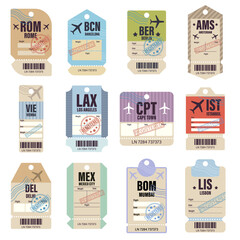 Colorful and decorative travel labels with city abbreviations, ideal for posters, maps, and travel designs. A collection of vintage-style luggage tags representing global airport codes from major