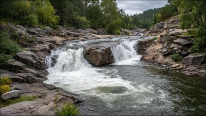 Rocky river cascade. Gray rocks, rushing water, forest backdrop