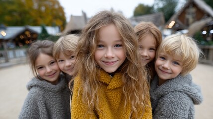 Fototapeta premium Group of five children enjoying their time outdoors at a market, wearing warm, cozy sweaters while surrounded by autumn colors and rustic stalls