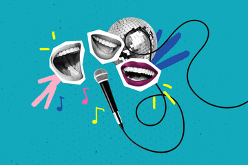 Composite art 3d creative image collage of happy faceless mouth sing karaoke microphone performance...