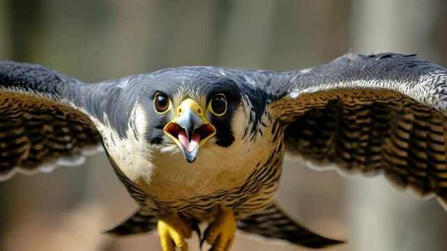 A bird with a yellow beak is flying in the air. The bird has a fierce look on its face and is making a loud noise