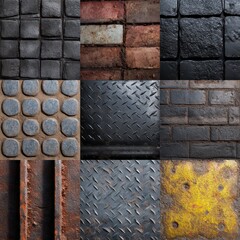 Nine textured paving and metal surfaces