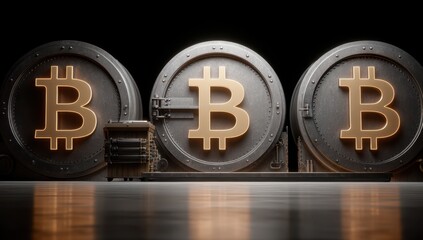 Bitcoin vaults lined up, golden symbols