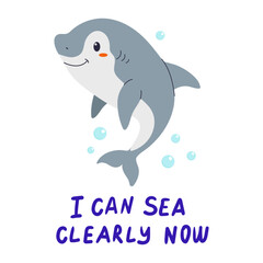 Cute cartoon shark illustration with playful text illustrating a pun about clarity and vision in an ocean setting