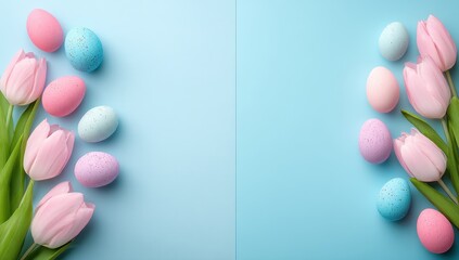 Pastel pink tulips and eggs on a light blue background
