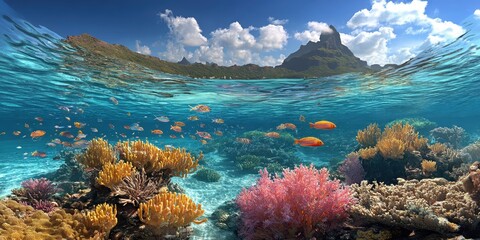 Tropical coral reef with vibrant fish and a mountain backdrop