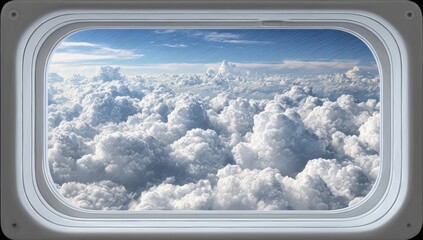 Airplane window view of a vast cloudy sky