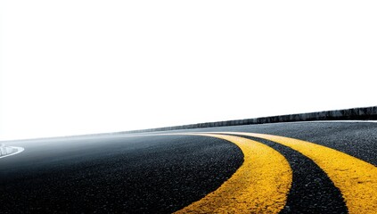 Asphalt road curve with yellow lines, white background