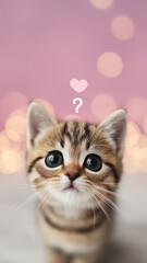Obraz premium Curious kitten with big eyes and heart symbol on pink background with bokeh lights