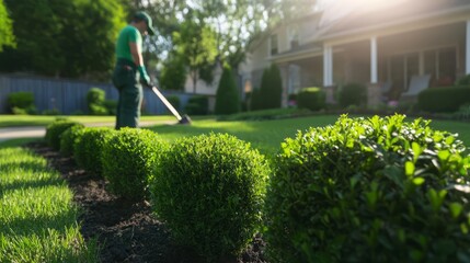 Lawn maintenance action residential area gardening outdoor close-up