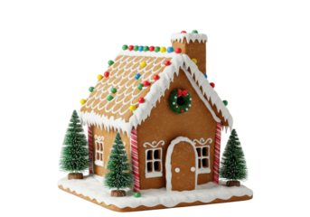 Isolated Gingerbread House with Candy Ornaments and Snowy Details Festive