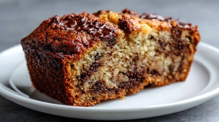 Decadent Chocolate Swirl Banana Bread Slice on a White Plate