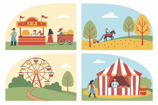 Autumn county fair scenes food stalls rides and activities