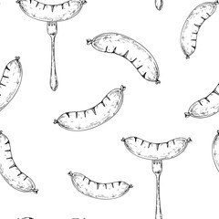 Seamless pattern with vector grilled sausage on fork. Graphic German bratwurst illustration isolated on background. Hand drawn line sketch. For designers, prints, postcards, wrapping paper, icon