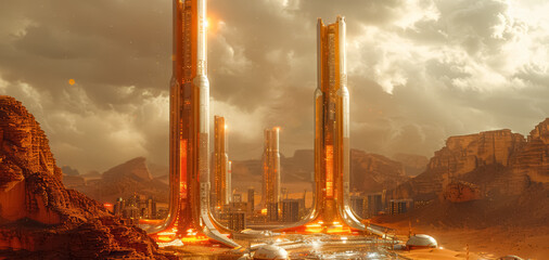 City in the desert, with towering structures