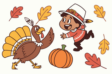 Happy thanksgiving cartoon illustration with turkey and child
