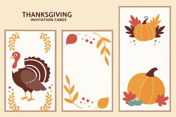 Thanksgiving invitation cards turkey pumpkins and autumn leaves