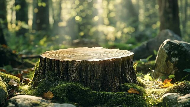 Freshly cut tree stump in the forest