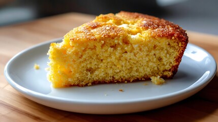 A slice of golden cornbread served on a white plate
