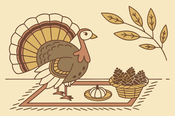 Thanksgiving turkey with pumpkins and pinecones